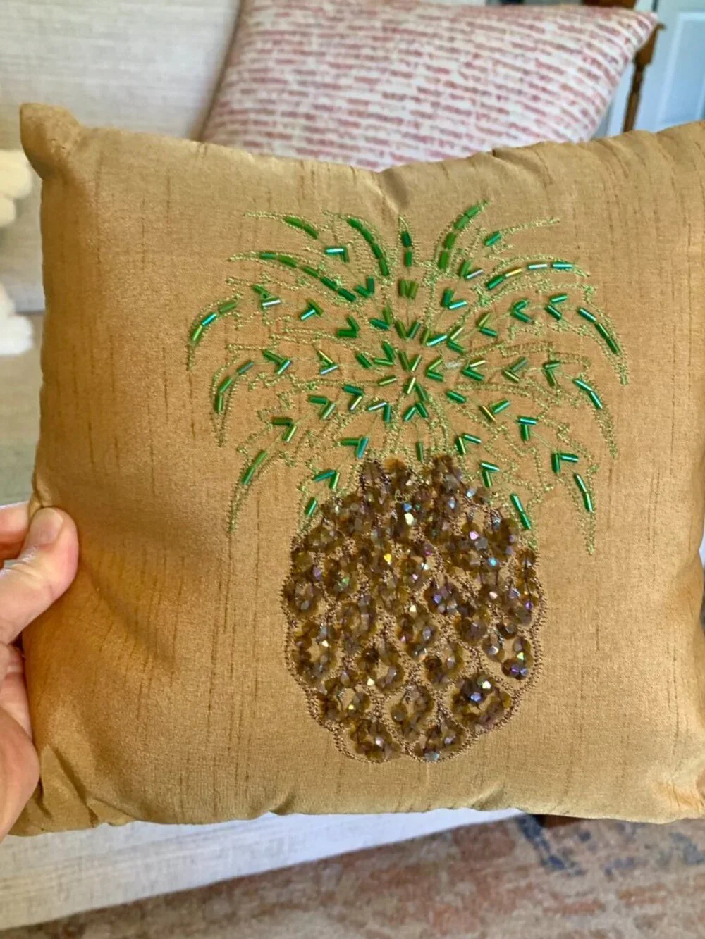 Beaded Palm Tree Satin Like Decorative Pillow Beach Decor Tropical